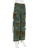 Gwmlk Women Denim Pants Wash Gradient Tie-dye Green Multiple Pocket Retro Loose Full Length Jeans 2024 Summer New Fashion 29L3410