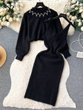 Gwmlk Pearls Knitted Suits Winter O Neck Long Sleeves Pullover+Strap Slim Bodycon Dress Female Elegant Striped Sweater Sets