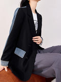 Gwmlk Women's Blazer Notched Collar Patchwork Denim Double Breasted Panelled Elegant Suit Jackets 2024 Summer New Fashion 29L3200