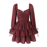 Gwmlk Sexy Elegant Women Front Lacing Up Puff Sleeve Cake Dresses Vintage Floral Print Ladies Party Mini Dress Holiday Robe