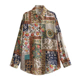 Gwmlk Spring Women Patchwork Print Satin Shirt Long Sleeve Lapel Collar Female Vintage Blouse Blusas Mujer