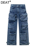 Gwmlk Women's Jeans High Waist Solid Color Multiple Pockets Straight Wide Leg Cargo Denim Pants 2024 Summer New Fashion 29L6499