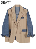 Gwmlk Women's Blazer Notched Collar Patchwork Denim Long Sleeve Khaki Long Sleeve Suit Coat 2024 Summer New Fashion 29L1530