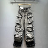 Gwmlk Women's Jeans Gradient Grey Loose Multiple Pockets Straight Wide Leg Denim Cargo Pants 2024 Summer New Fashion 29L3268