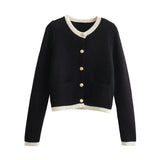 Gwmlk New 2024 Women Single Breasted Knit Cardigan Long Sleeve O Neck Female Black Crop Sweater Coat