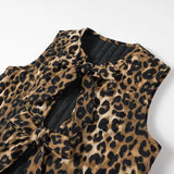Gwmlk Vintage Leopard Print Lacing Up Bow Vest Women V Neck Sleeveless Tank Top Fashion Lady Office High Street Waistcoat