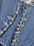 Gwmlk Women's Denim Short Tank Tops Strapless Diamonds Lace-up Heart Patchwork Slim Bra Camis 2024 Summer New Fashion 29L2834