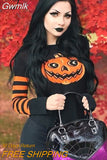 Gwmlk Halloween Gothic Pumpkin Printed Pattern Patchwork Pullover Knitted Sweater Women Punk Grunge Long Sleeve Warm Sweater