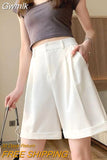 Gwmlk 2023 Summer Causal Shorts for Women Korean Khaki High Elastic Waist Suits Shorts with Pockets Zipper Short Pants Female