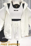 Gwmlk Shorts Three 3 Piece Sets Women Vest Drawstring Shorts Hooded Zipper Jacket Sportswear Suits Female Solid Sports Hoodie