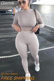 Gwmlk 2-Pcs Women's Long Sleeve Sportswear Solid Color Elastic Crop Top Tight-fitting Long Pant Outfit Set