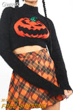 Gwmlk Gothic Black Pumpkin Print Women's Sweater Turtleneck Pullover Crop Long Sleeves Halloween Grunge Girls Party Top