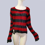 Gwmlk Gothic Long Unisex Sweater 2023 Summer Women Striped Cool Hollow Out Hole Broken Jumper Loose Rock Thin Dark Streetwear Top
