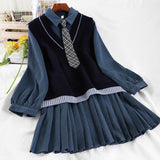 Gwmlk and autumn new college style suit Kawaii female student Korean loose all-match pleated dress knitted vest +Tie 3-piece