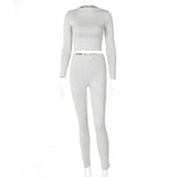 Gwmlk 2-Pcs Women's Long Sleeve Sportswear Solid Color Elastic Crop Top Tight-fitting Long Pant Outfit Set