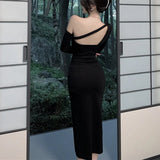 Gwmlk Black Dress Women Elegant Split Backless Off Shoulder Party Dress Korean Vintage High Waist Irregular Casual Dress 2023 New
