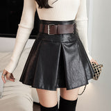 Gwmlk 2023 Autumn Winter Leather Skirt Women With Lining Korean Fashion Style High Waist Khaki Black A Line Mini Skirts Free Belt