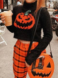 Gwmlk Gothic Black Pumpkin Print Women's Sweater Turtleneck Pullover Crop Long Sleeves Halloween Grunge Girls Party Top