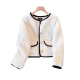 Gwmlk 2023 Autumn Winter Thicken Warm Jackets Women Korean Chic O-Neck Lamb Wool Short Outerwear Single-Breasted Plush Coats