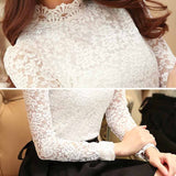 Gwmlk 2023 Elegant Lace Crocheted Hollow Out Top Stand-up Collar White Blouse Woman Sweet Long Sleeve Shirts Blusas 1695