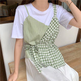 Gwmlk 2 Piece T Shirt Women Plaid Stitching Lace-Up Short Sleeve T-shirt 2023 Summer Elegant T-Shirt Female Korean Style