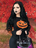 Gwmlk Halloween Gothic Pumpkin Printed Pattern Patchwork Pullover Knitted Sweater Women Punk Grunge Long Sleeve Warm Sweater