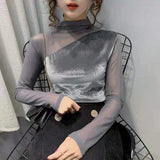 Gwmlk 2023 New Velvet Blouse Tops Women See Through Mesh Patchwork Long Sleeve Shirts Woman Elegant Slim Fit Tshirts Female