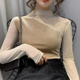 Gwmlk 2023 New Velvet Blouse Tops Women See Through Mesh Patchwork Long Sleeve Shirts Woman Elegant Slim Fit Tshirts Female