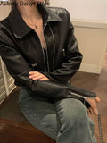 Gwmlk Black Cropped Leather Jacket Women Streetwear Zipper Moto Leather Jacket High Street Vintage Soft Faux Leather Coats 2023