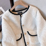 Gwmlk 2023 Autumn Winter Thicken Warm Jackets Women Korean Chic O-Neck Lamb Wool Short Outerwear Single-Breasted Plush Coats