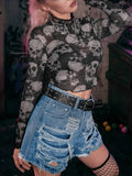 Gwmlk Mall Gothic Skull Print T-shirt Female Y2K See Through Punk Crop Tops E-girls Grunge Street Clothes