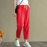 Gwmlk 2023 Spring Summer Cotton Linen Pants Women Solid Color Casual Ankle-length Pant Woman Lace-up Waist Loose Trousers