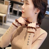 Gwmlk 2023 Autumn Winter Women's Sweaters Fashion Button Ruffles High Collar Ladies Sweater Inner Wear Slim Knitted Pullovers