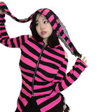 Gwmlk Punk y2k Hoodie Women Striped Zipper Long Sleeve Hooded Top Cyber Core Sweatshirt Harajuku Goth 2000s Streetwear
