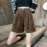 Gwmlk 2023 New Corduroy Women's Shorts Spring Summer High Waist Wide Leg Shorts Female Casual Loose Brown Short Trousers