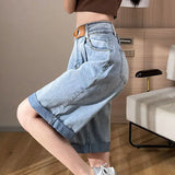 Gwmlk 2023 Summer Thin Denim Shorts Women Korean Fashion High Waist Loose Shorts Female Streetwear Light Blue Knee Pants New