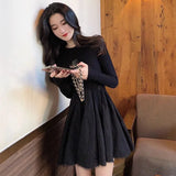 Gwmlk 2023 Autumn Winter New Knitted Dress Women Fashion Patchwork Mesh Pleated Dress Korean Slim High Waist Party Dresses