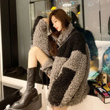 Gwmlk 2023 Autumn Winter Women's Coat Jacket Korean Style Fashion Loose Lamb Wool Coats Patchwork Lazy Fluffy Overcoat Female