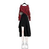 Gwmlk Autumn Fashion Large Size Suit Women's 2023 New Korean Knitted Sweater Irregular Suspender Dress Two-piece Suit