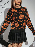 Gwmlk Halloween Gothic Pumpkin Bat Pattern Knitted Sweater Women's Winter Warm Retro Kawaii Party Sweater 2023