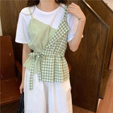 Gwmlk 2 Piece T Shirt Women Plaid Stitching Lace-Up Short Sleeve T-shirt 2023 Summer Elegant T-Shirt Female Korean Style