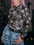 Gwmlk Mall Gothic Skull Print T-shirt Female Y2K See Through Punk Crop Tops E-girls Grunge Street Clothes