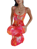 Gwmlk and elegant woman dress Cutout Backless Slip Sleeveless Off Shoulder Y2K Floral Print Spaghetti Strap Bodycon Dress