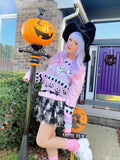 Gwmlk Pink Kawaii Sweater Women's Knitted Top Gothic Ghost Bat Pattern Autumn Winter Warm Fairy Grunge Clothing