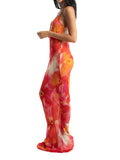 Gwmlk and elegant woman dress Cutout Backless Slip Sleeveless Off Shoulder Y2K Floral Print Spaghetti Strap Bodycon Dress