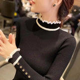Gwmlk 2023 Autumn Winter Women's Sweaters Fashion Button Ruffles High Collar Ladies Sweater Inner Wear Slim Knitted Pullovers