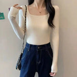 Gwmlk 2023 Basic Square-neck Solid Pullover Women High Quality Slim Fit Casual Knitted Sweater Spring Long Sleeve Sweaters