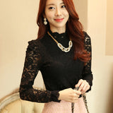 Gwmlk 2023 Elegant Lace Crocheted Hollow Out Top Stand-up Collar White Blouse Woman Sweet Long Sleeve Shirts Blusas 1695