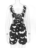 Gwmlk Bat Pattern Overalls Gothic Emo Printed Bodysuits Women Grunge Punk Bodycon Aesthetic Sexy Club Rompers with Pockets