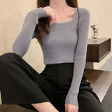 Gwmlk 2023 Basic Square-neck Solid Pullover Women High Quality Slim Fit Casual Knitted Sweater Spring Long Sleeve Sweaters